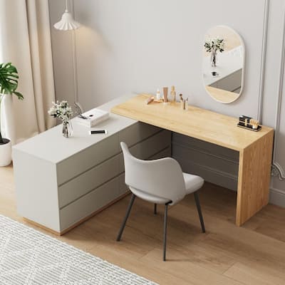 55.2 Inch White Corner L-Shaped Dressing Table with 6 Drawers Perfect for Bedrooms or Study Rooms
