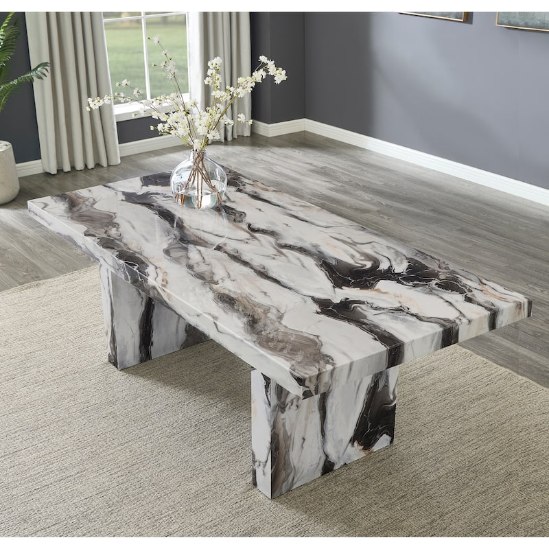 Roundhill Furniture Cavira 6-Piece Modern Faux Marble Dining Set, Double Pedestal Table with 4 Upholstered Chairs and a Bench