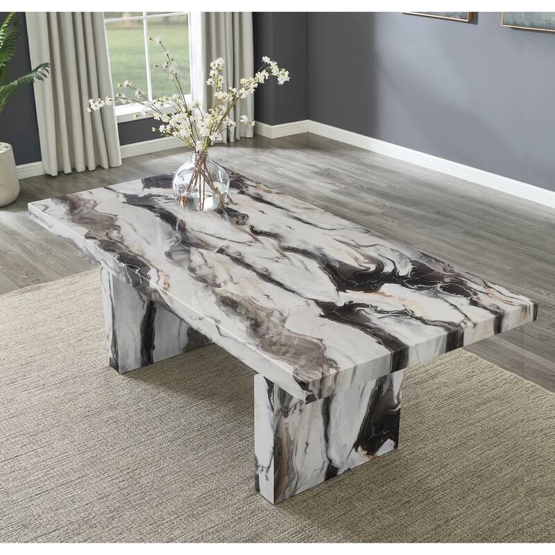 Roundhill Furniture Cavira 7-Piece Modern Faux Marble Dining Set, Double Pedestal Table with 6 Upholstered Chairs