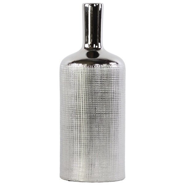 Patterned Bottle Shaped Ceramic Vase With Long Elongated Neck, Large, Silver