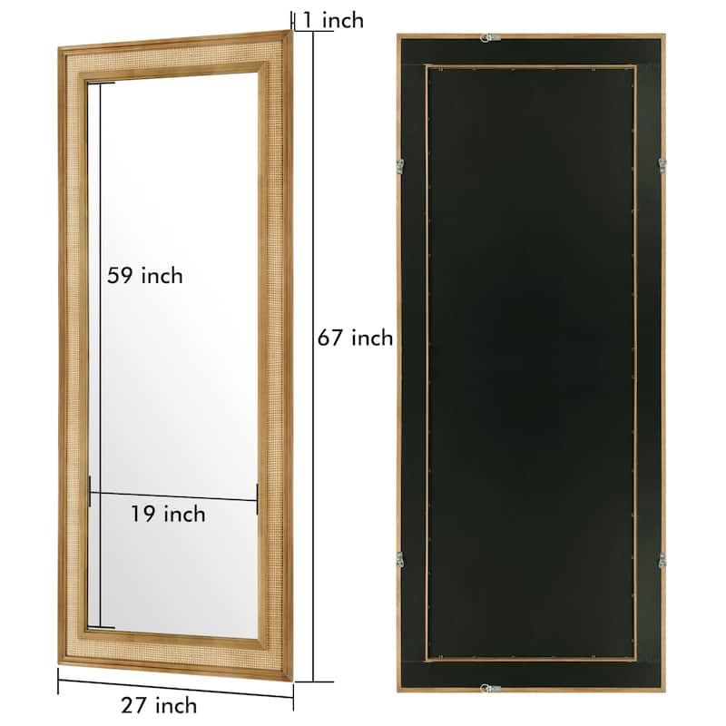 WallBeyond Wooden Framed Rattan Farmhouse Style Rectangle Wall Mirror