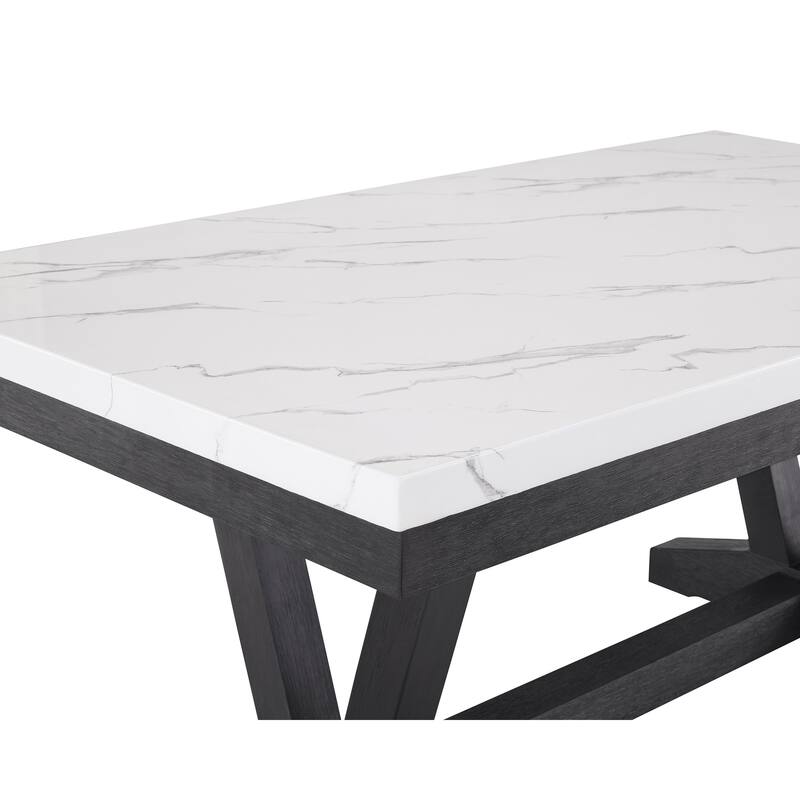 1pc Transitional Modern Formal Dining Table White Faux Marble Rectangular Table Top Trestle Base Black Finish Legs Woode
