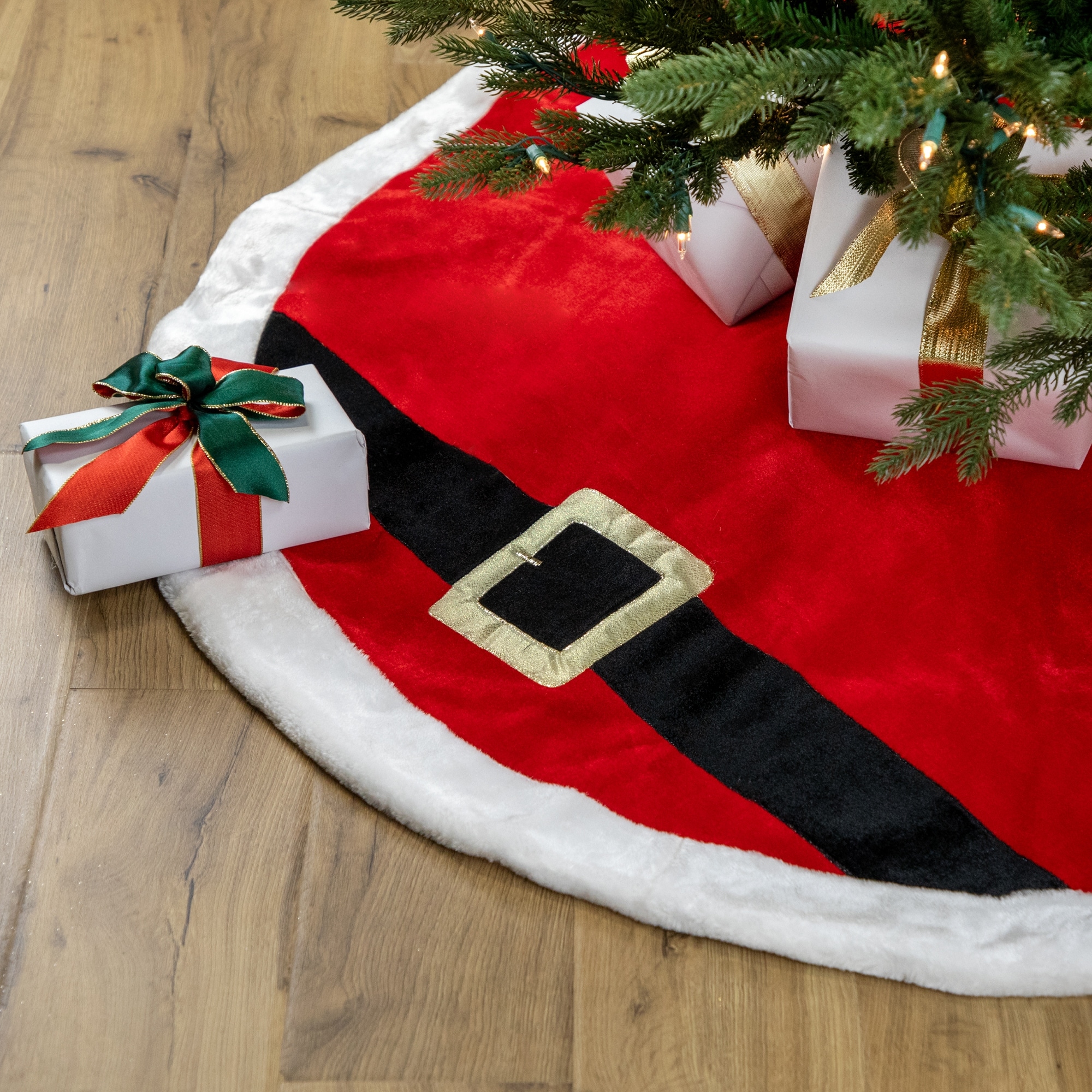 48" Red White Velveteen Santa Claus Belt Buckle Christmas Tree Skirt