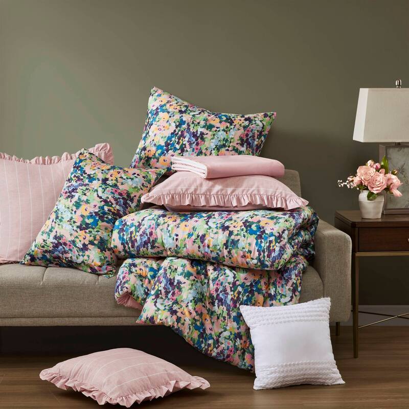 Romantic King 8PC Floral Comforter Set Cotton Reversible with Bed Skirt & Decorative Pillows