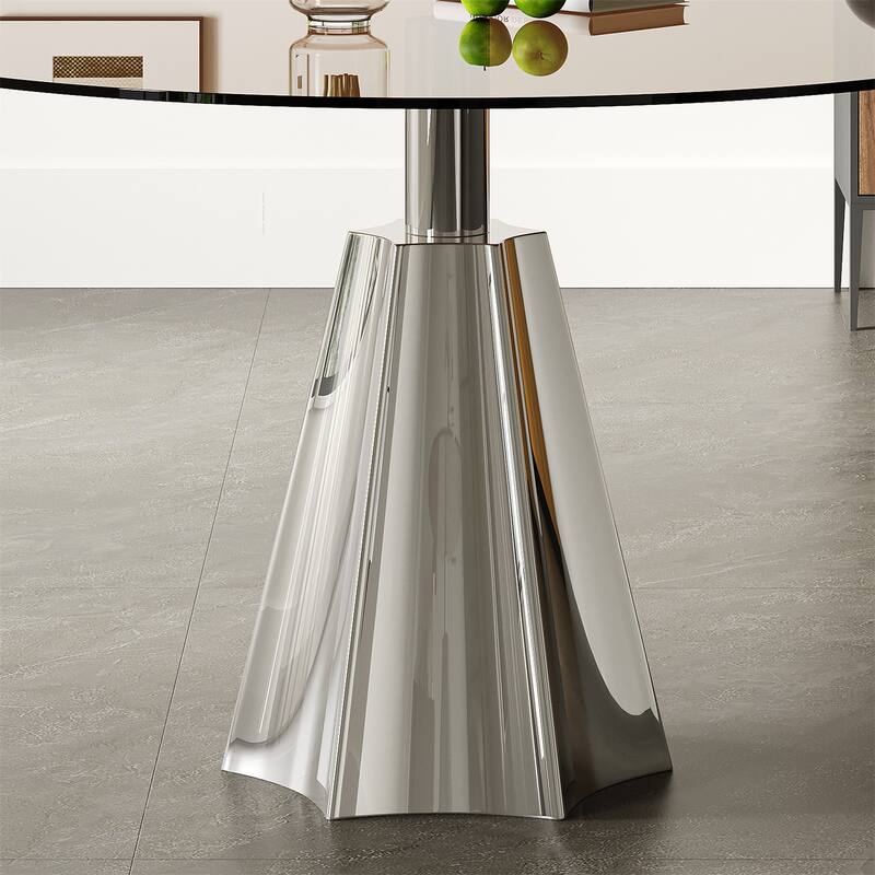 Compact Round Dining Table, Black Glass Top & Silver Flared Base