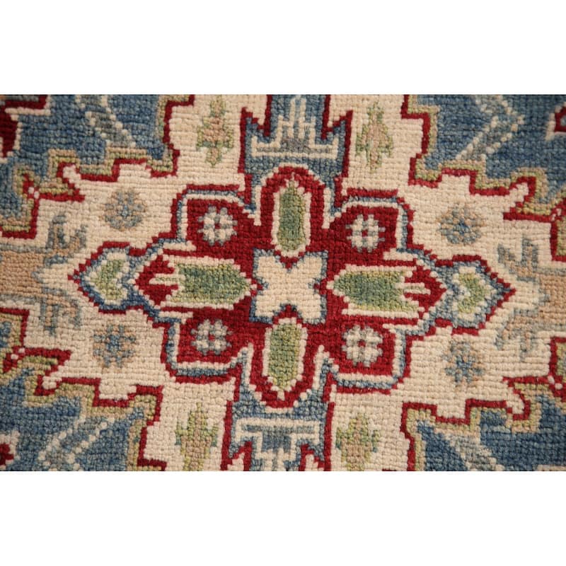 Blue Geometric Kazak Oriental Accent Rug Handmade Wool Carpet - 3'4"x 5'0"