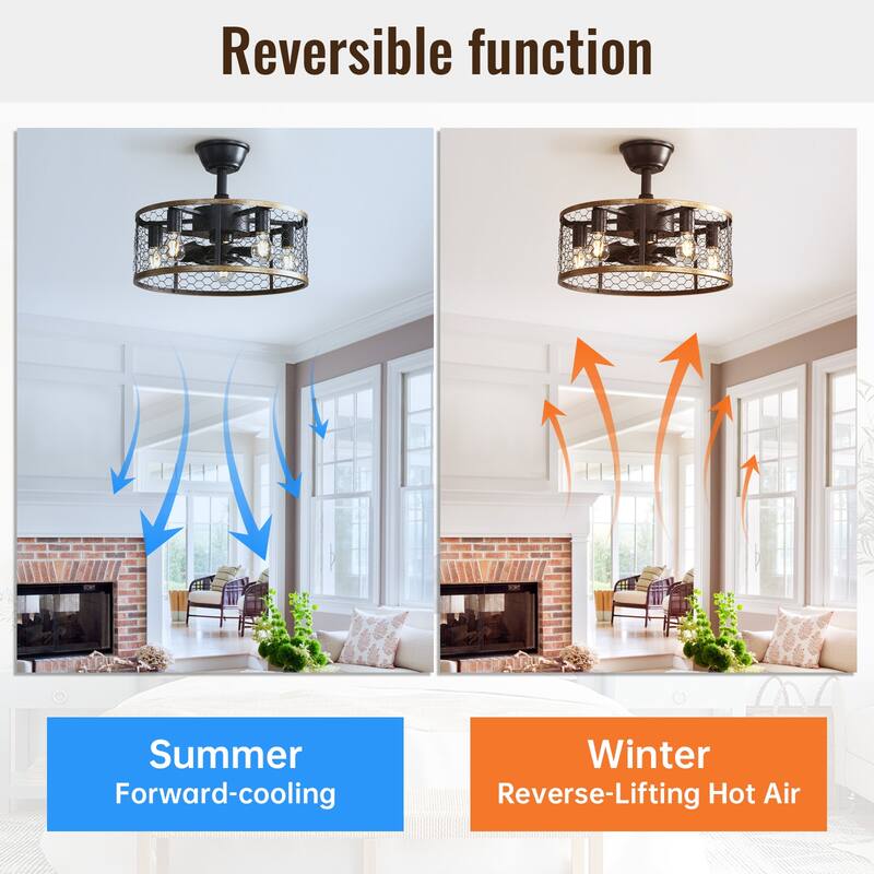 20 Inch Farmhouse Ceiling Fan Light Flush Mount Caged Lights Kit With Remote Control