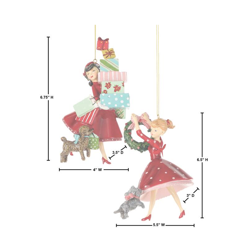 6.5-7" Retro Lady Decorating Ornament Set of 2