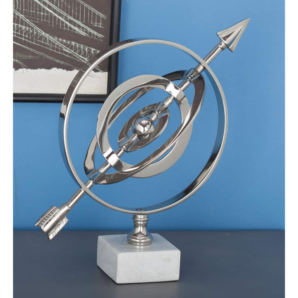 Silver Aluminum Metal Armillary Globe with Marble Base