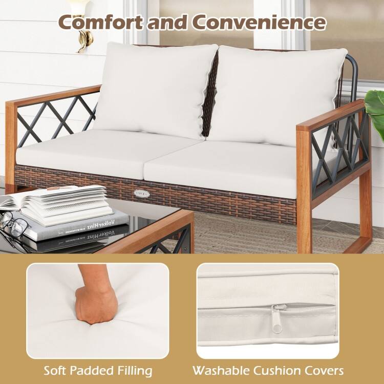 2 Piece Mix Brown PE Rattan Outdoor Loveseat with Cushions and Coffee Table - Loveseat: 28" x 50" x 31.5"
