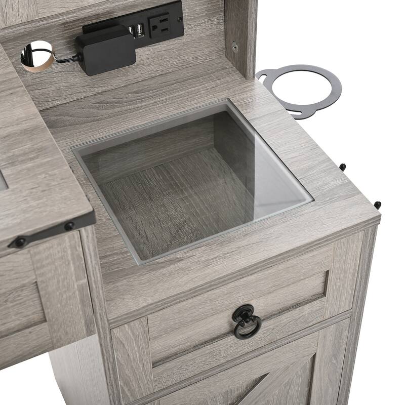 Farmhouse Makeup Vanity Desk with Square LED Mirror, Glass Top Dressing Table and Stool Set with Charging Station