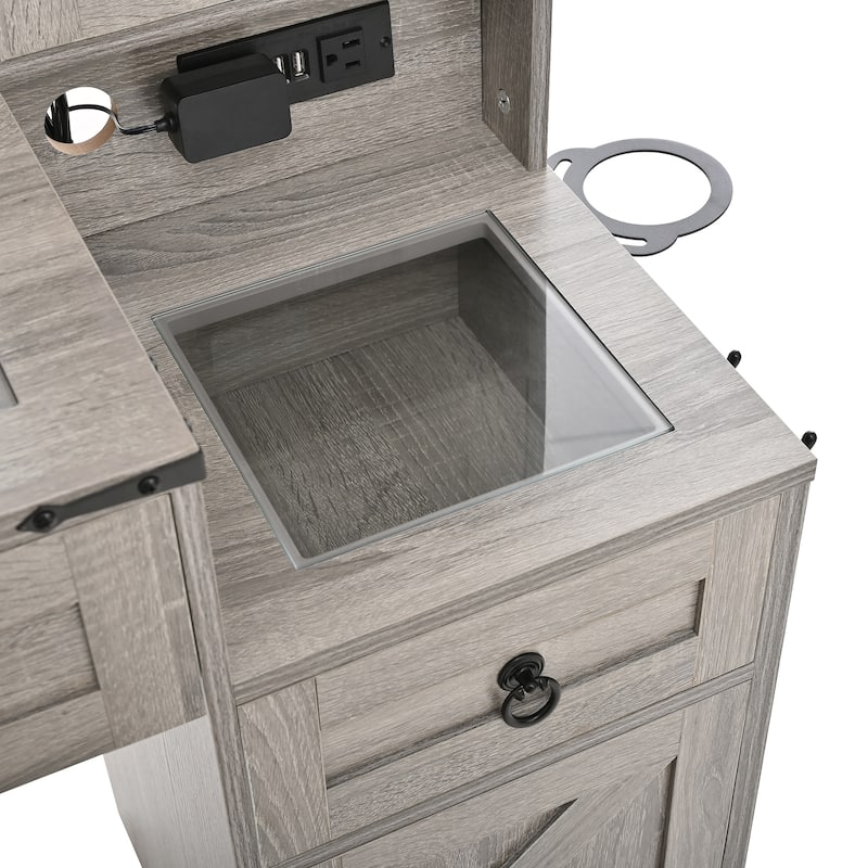 Farmhouse Vanity Desk with Sliding Mirror and Lights