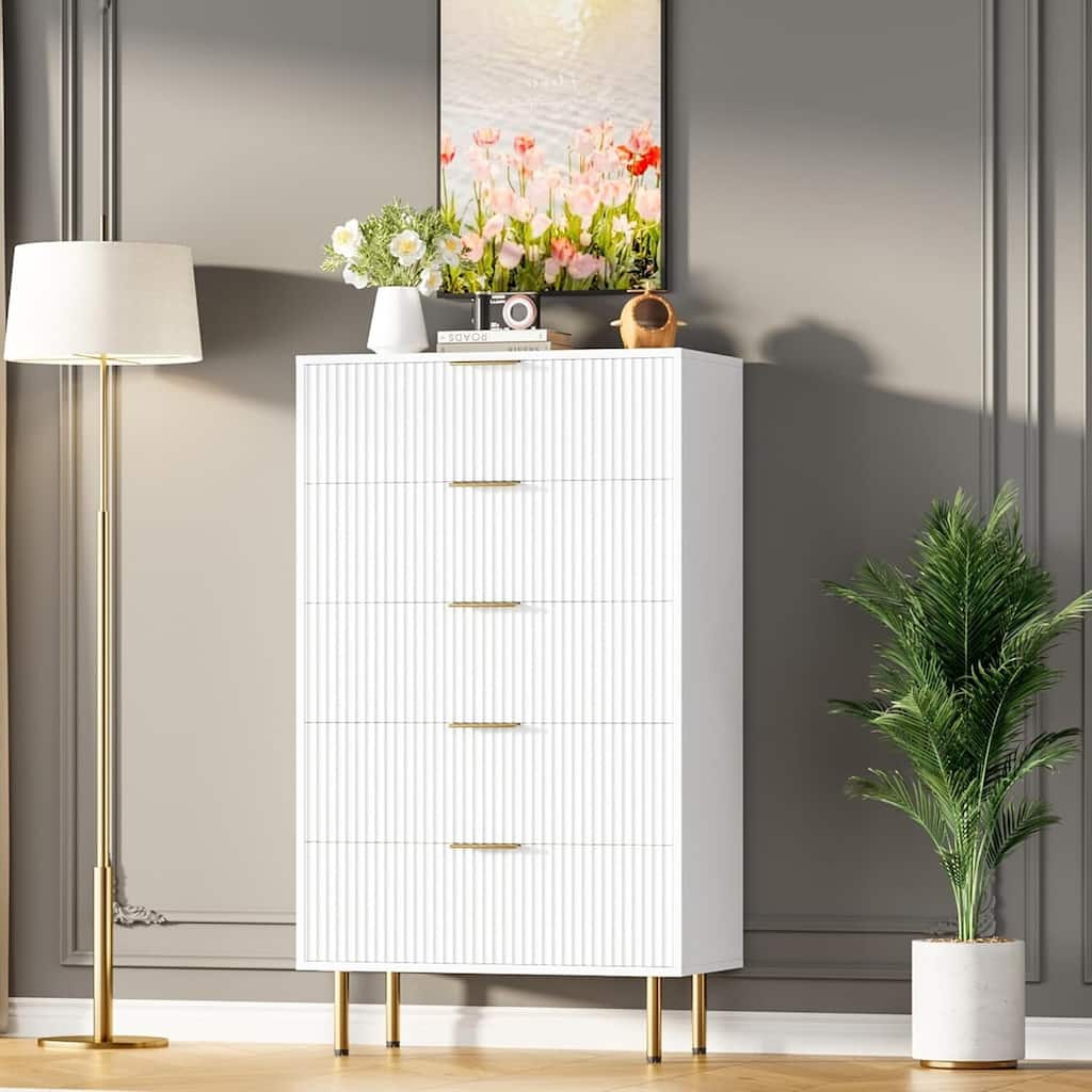 Fluted Chest 5 Drawers Dresser for Bedroom Closet Living Room Hallway