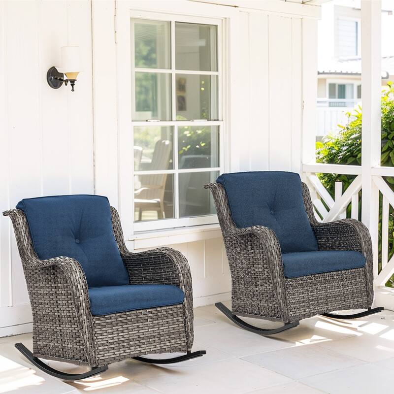 Outdoor Rocking Chair Rattan Rocker Chairs - 2PCS - Rocker Chair - Grey Rattan - Blue Cushion