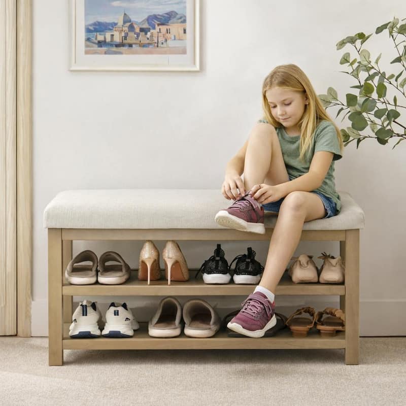 HUIMO Multi-Functional Solid Wood Bench with Storage Shelves 46in/39in/31in