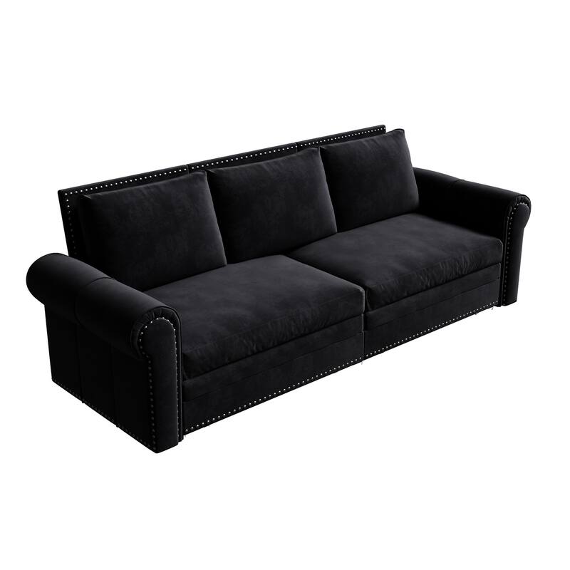 93.7"Velvet 3-Seater Sleeper Sofa 3-in-1 with Rolled Arms & Nailhead Trim