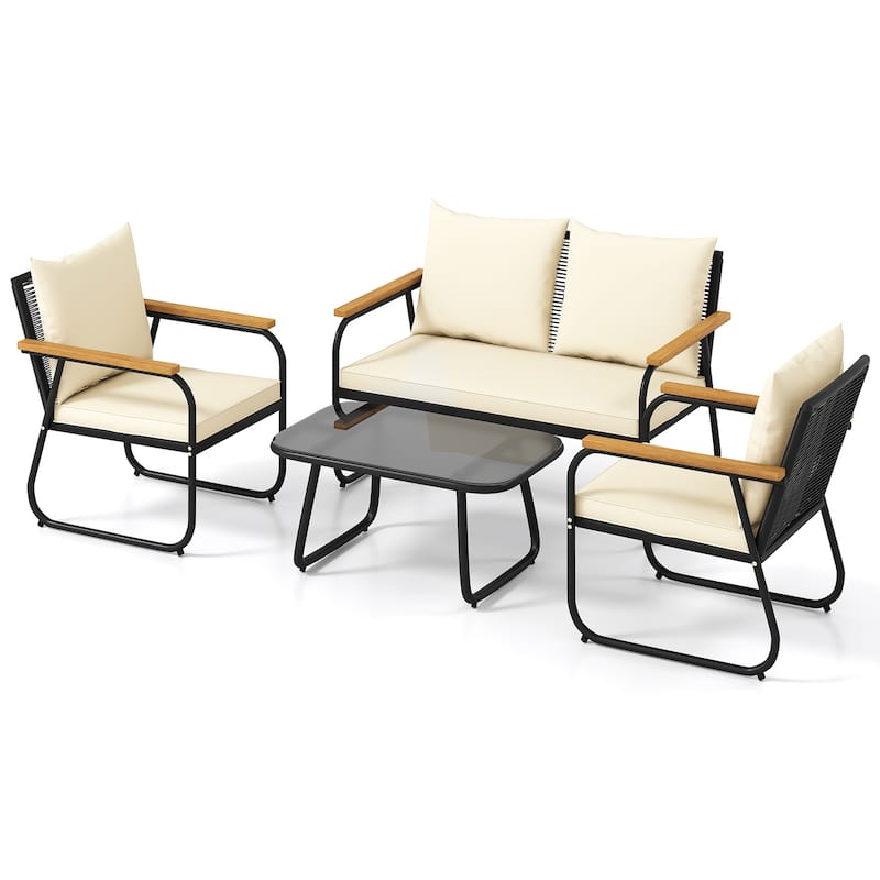 4 Piece Black Rattan Metal Patio Set with Off White Cushions and Wood Arms - 31" x 19" x 15" - Off White-Black