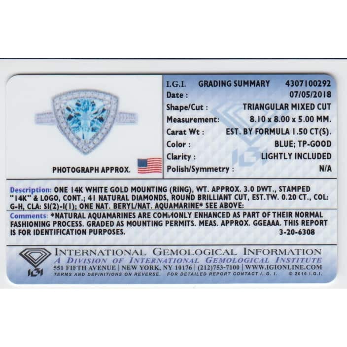 IGI Certified 1.50 ct Aquamarine and Diamond Ring in 14k White Gold