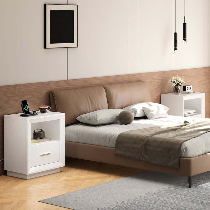 Modern Nightstand with Charging Station， Set of 2
