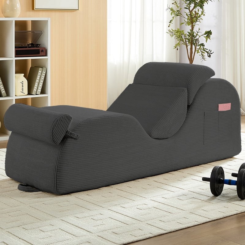 Mixoy Corduroy Yoga Chaise Lounge Chair,Curved Yoga Sofa with Movable Headrest/Waist Cushion/Footrest,Non-Slip Bottom - Light grey