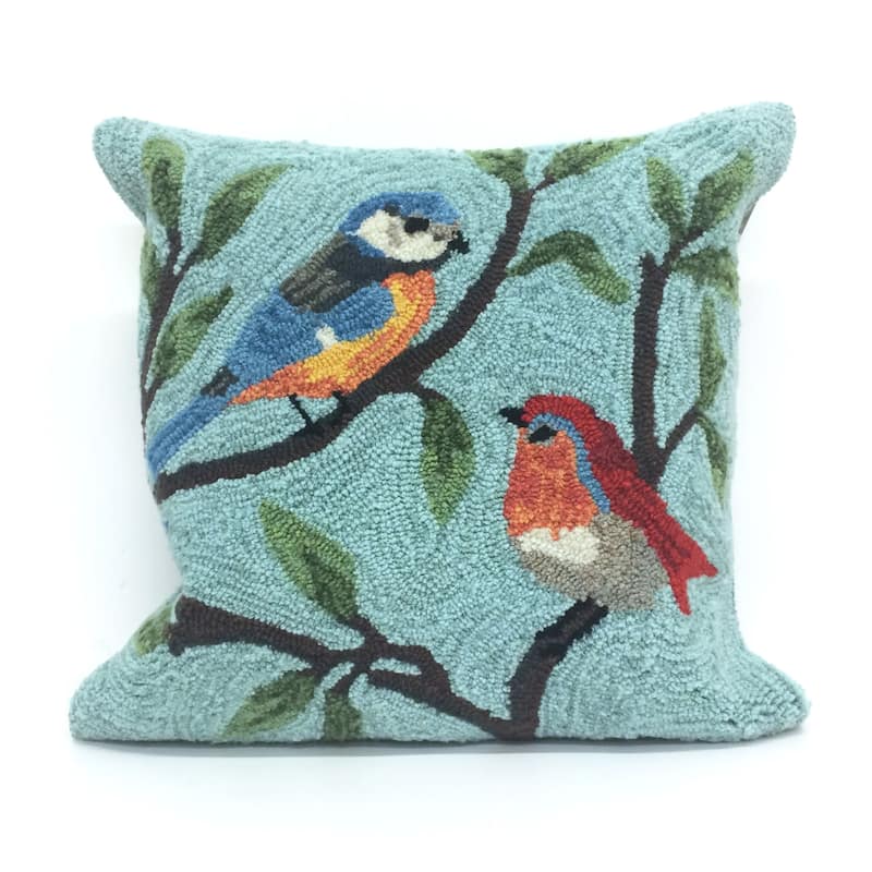Liora Manne Frontporch Birds On Branches Indoor/Outdoor Pillow Aqua 18" Square