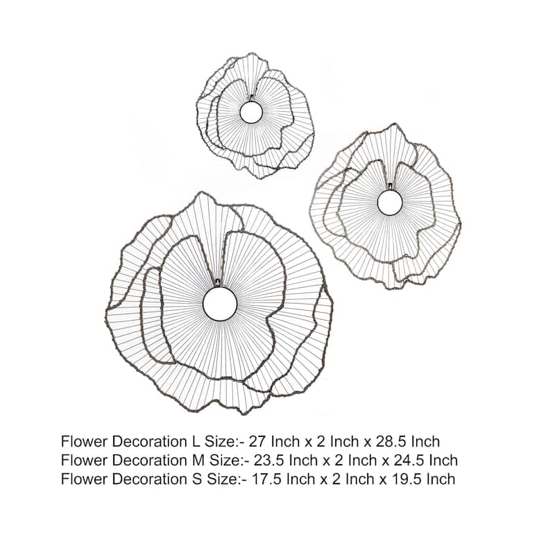 30, 24, 18 Inch Set of 3 Decorative Metal Flowers, Wall Decor Black, Gold