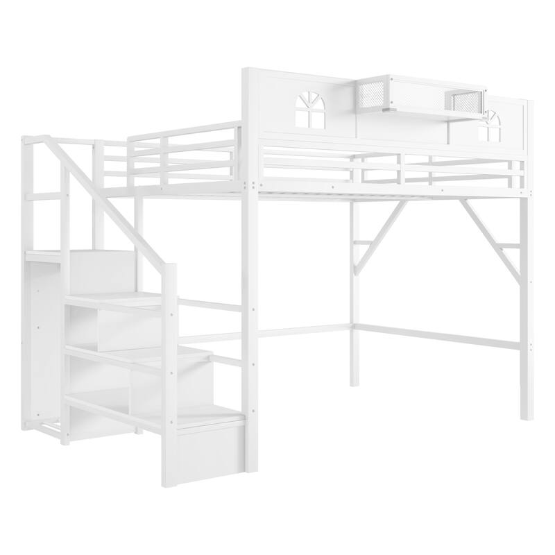 White High Loft Bed Frame with Storage Stairs and Wardrobe, Loft Metal Frame Bed with High House Shaped Guardrails for Kid Teens