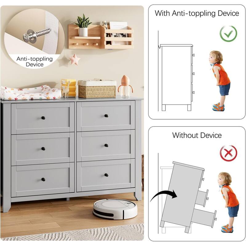 6 Drawer Dresser for Bedroom, Wooden Chest with Deep Drawers and Metal Knobs for Entryway, Hallway, or Kids Room