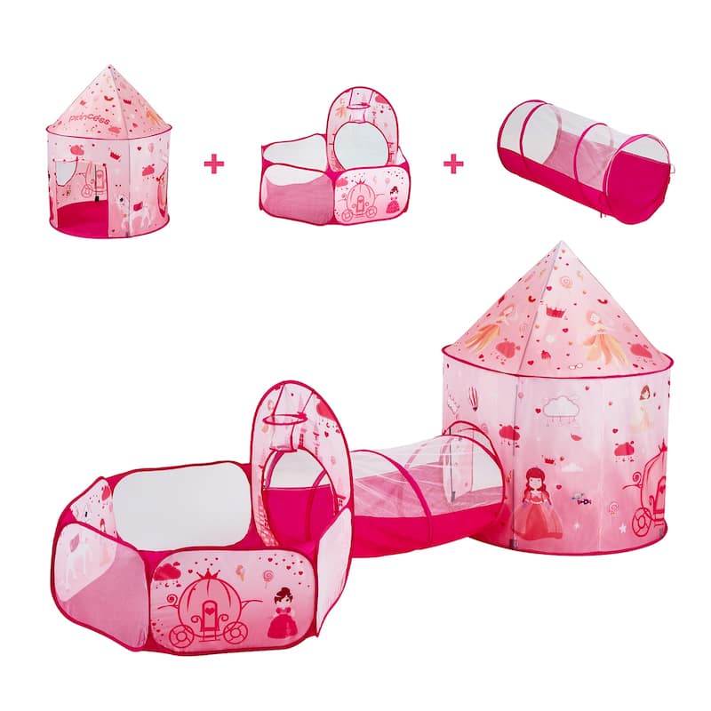 Kids Play Tent with Tunnel, Basketball Hoop for Boys, Girls, Babies and Toddlers, Indoor/Outdoor Pop Up Playhouse - 3 segments - Magenta Color