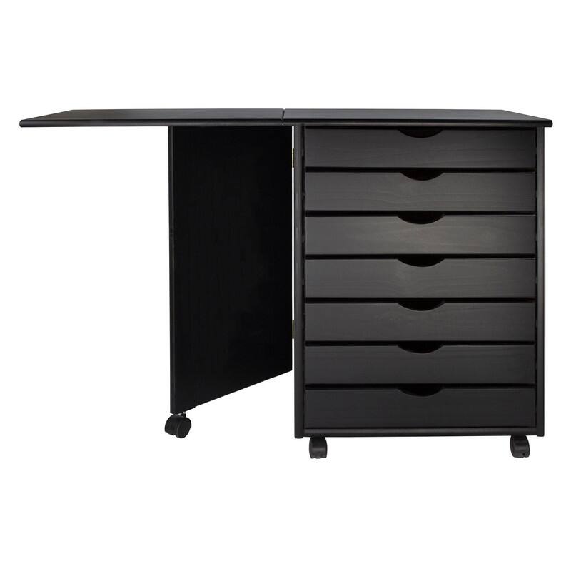 Adeptus Original Roll Cart, Solid Wood, 7 Drawer Gate Leg Roll Cart Desk, Extra Wide Drawers, Black