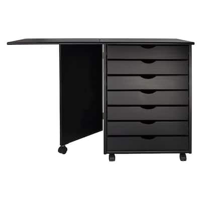 Adeptus Original Roll Cart, Solid Wood, 7 Drawer Gate Leg Roll Cart Desk, Extra Wide Drawers, Black