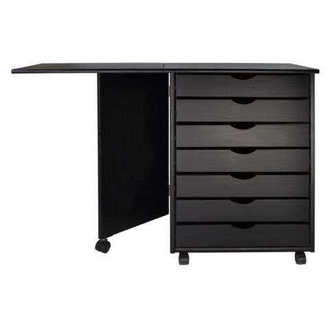 Adeptus Original Roll Cart, Solid Wood, 7 Drawer Gate Leg Roll Cart Desk, Extra Wide Drawers, Black