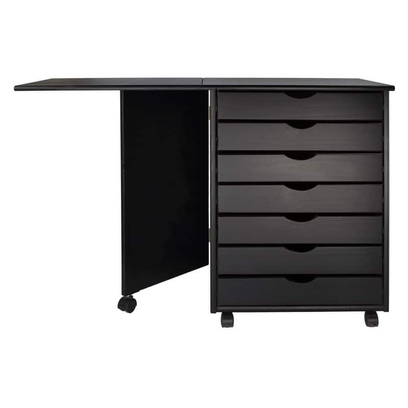 Adeptus Original Roll Cart, Solid Wood, 7 Drawer Gate Leg Roll Cart Desk, Extra Wide Drawers, Black