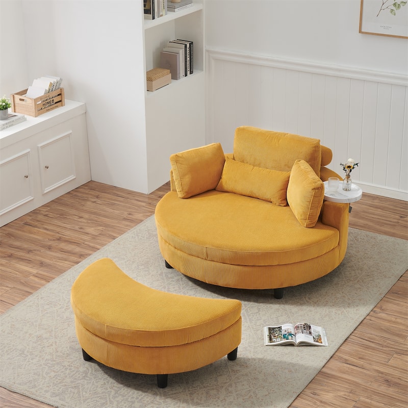 Corduroy Sofa Chair with Ottoman, 2 Throw Pillows and 1 Waist Pillow