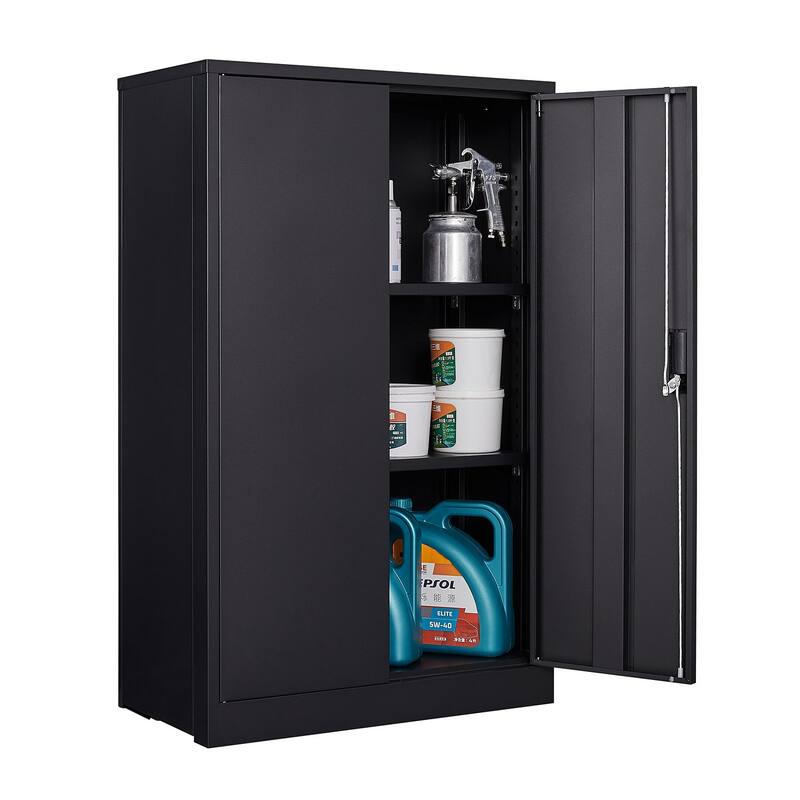 Anmytek Black Lockable Storage Cabinet with Hanging Rod and Adjustable Shelves Secure Wardrobe for Bedroom and Living Room
