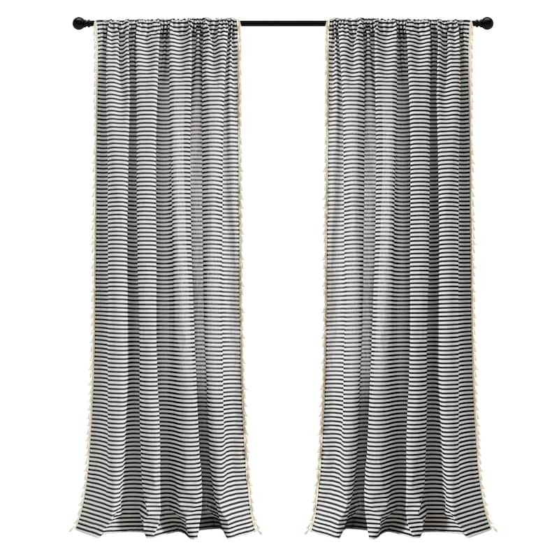 Lush Decor Boho Coastal Horizontal Ticking Stripe Tassel Window Curtain Panels