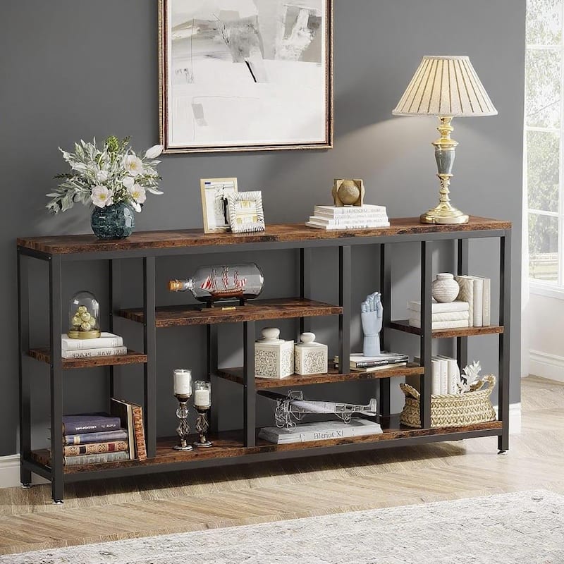 Industrial Console Table with Wood Top and Black Metal Frame Multi Tier Narrow Sofa Entryway Hallway Table