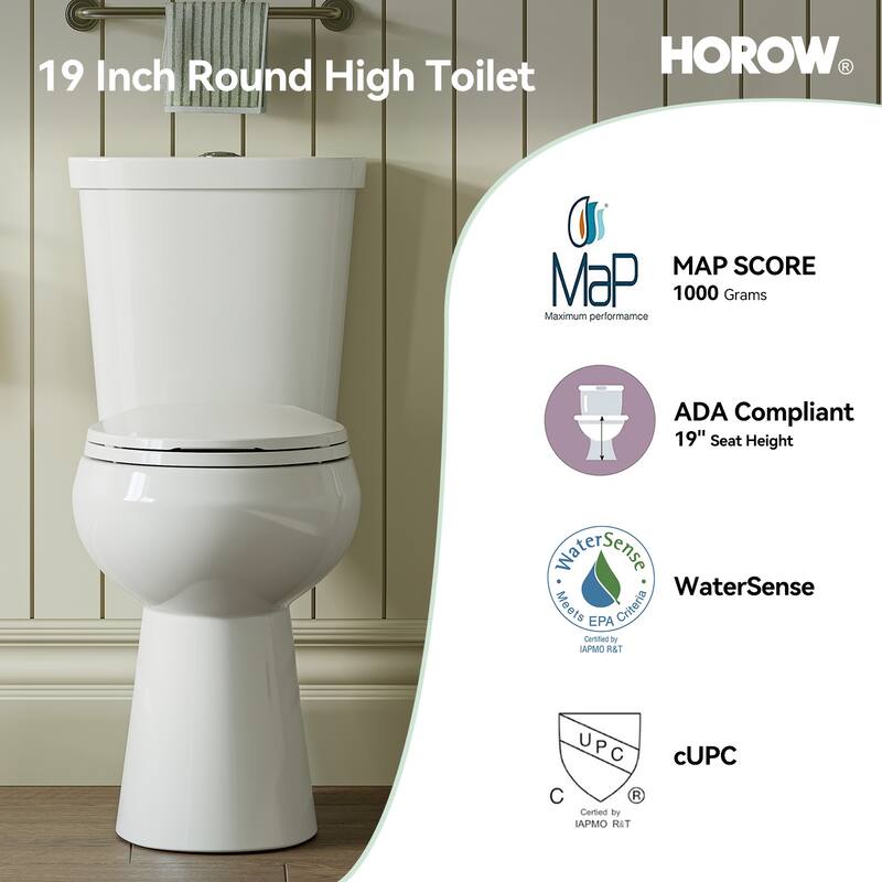 HOROW 19 Inch ADA Tall 2 Piece High Efficiency Dual Flush Round Toilet White 1.1 /1.6 GPF Strong Flush Seat Included