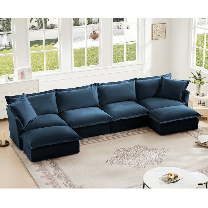Modern 4 Seater Upholstered Sofa with 2 Ottomans and 2 Pillows