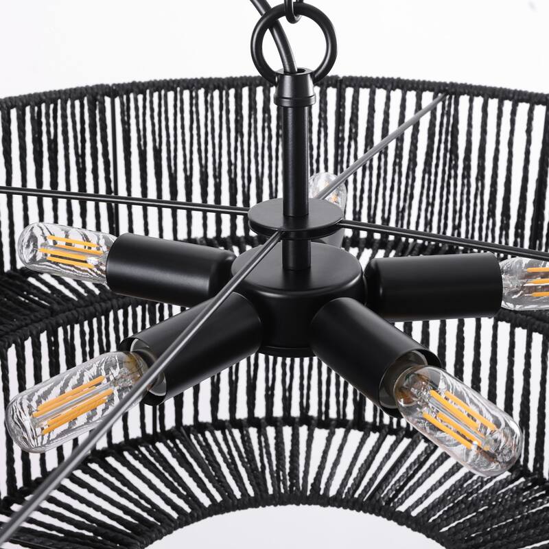 5-Light 21.6in. Rattan Boho Tiered Drum Hand Woven Chandelier