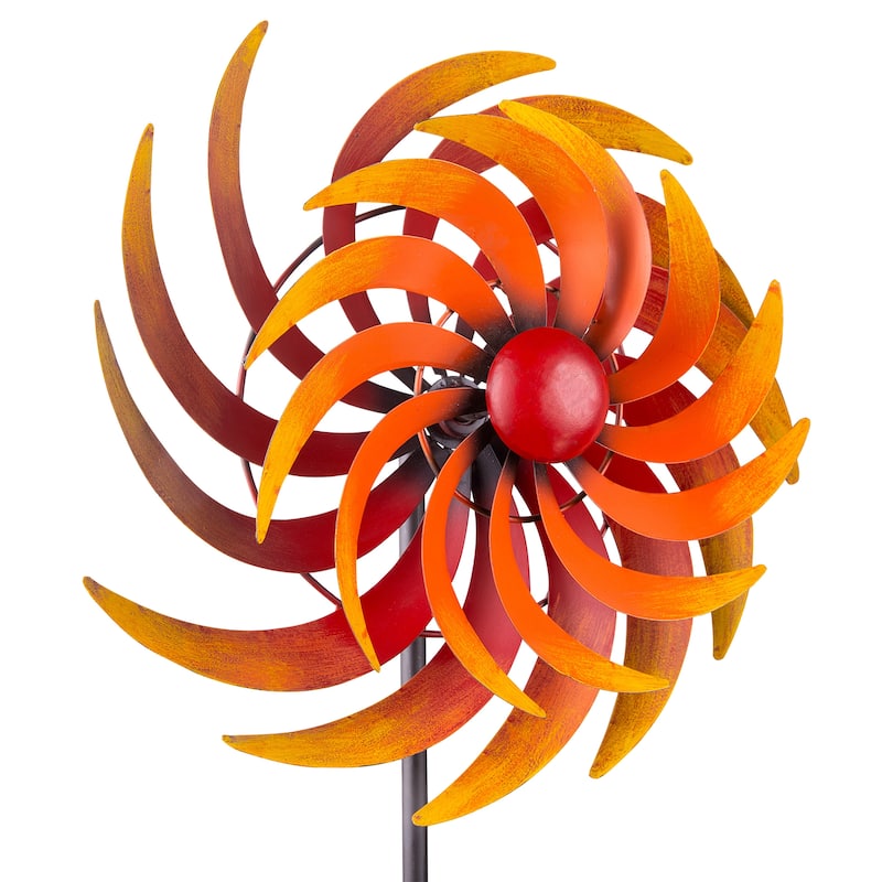 Alpine Corporation 75" Tall Outdoor Dual Metal Rustic Garden Kinetic Wind Spinner Stake, Red and Orange
