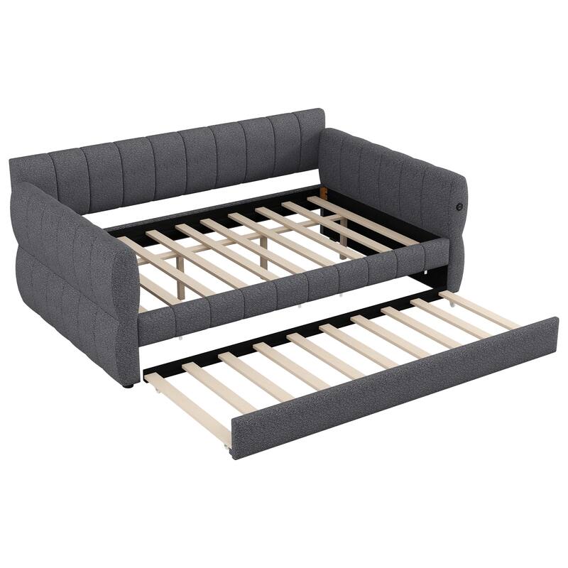 Queen Size Upholstered Daybed with USB and Optional Platform Storage Bed with 2 Drawers or Low Profile Sofa Bed with Trundle Bed