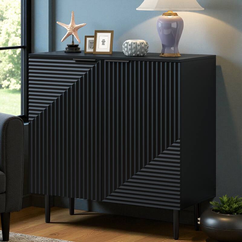 Modern Minimalist Side Cabinet with Adjustable Shelves, Geometric Door Design & Metal Legs for Living Room or Office