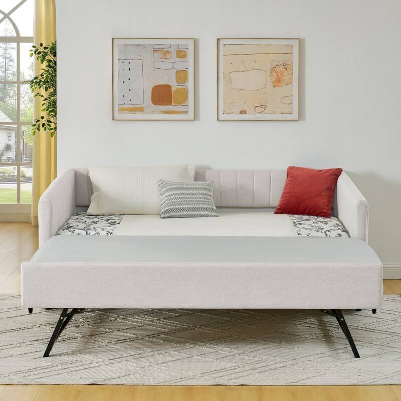 Twin/Full Size Daybed with Trundle, Upholstered Sofa Bed with Vertical Stripes, Linen Fabric, Comfortable Seating for Bedroom