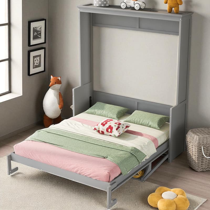 Queen Size Murphy Bed with Shelf, Foldable Wall Bed with Desk, Space-Saving Pine Wood Frame, No Box Spring