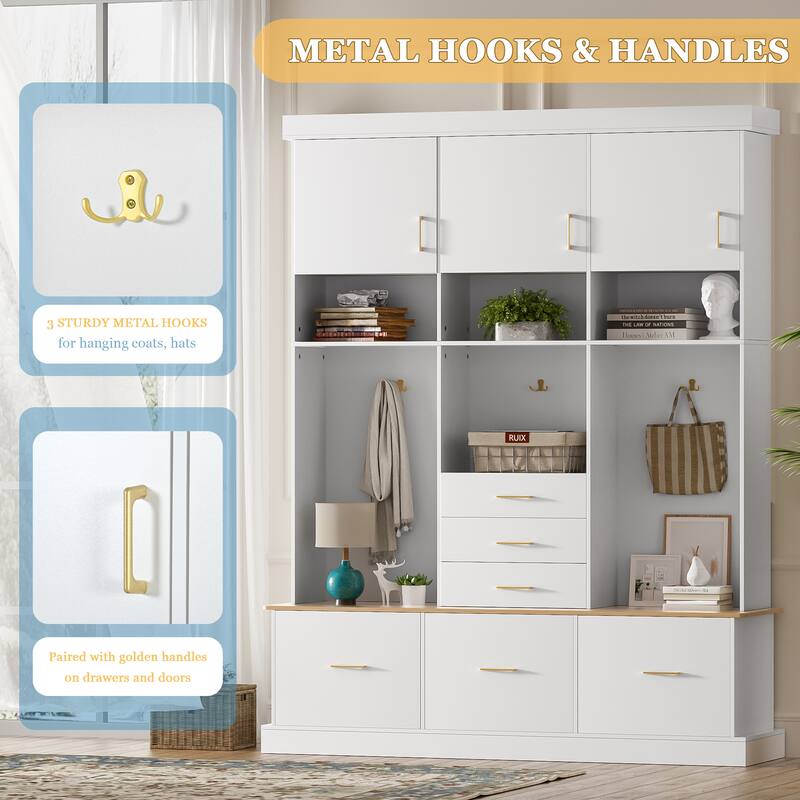 75" Entryway Hall Tree with Bench 5-in-1 Modern Storage Bench with Coat Rack, 6 Drawers, Cabinets & Shelves for Hallway, Mudroom