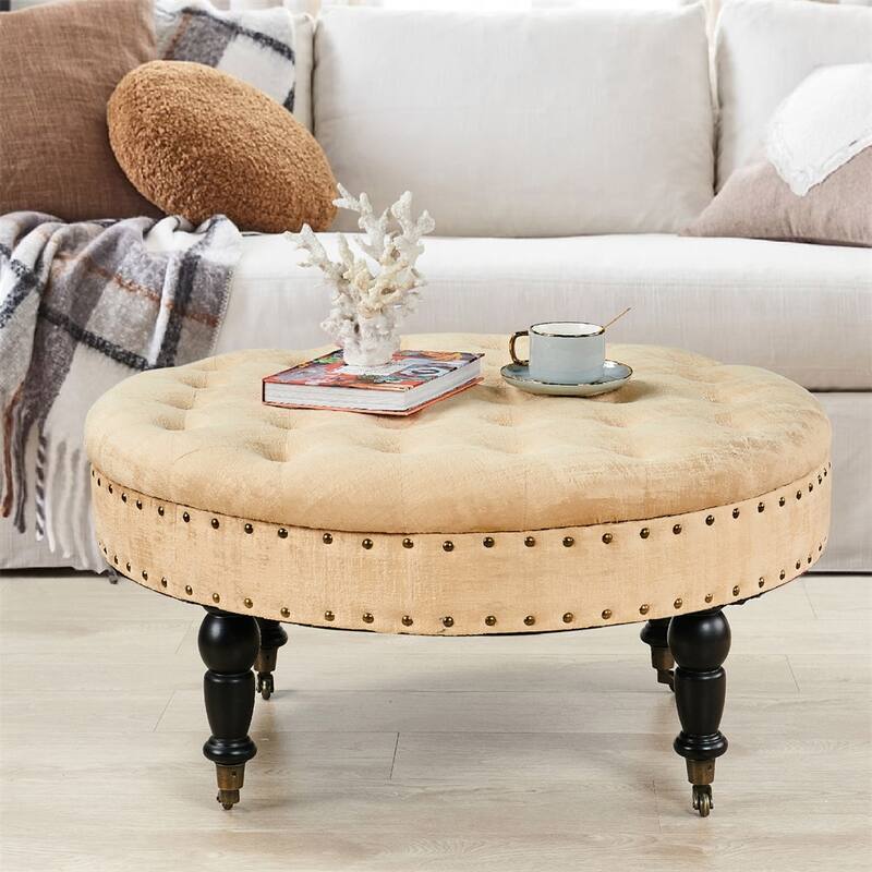 Round Velvet Tufted Coffee Table Ottoman, 34" x 34" x 17" H