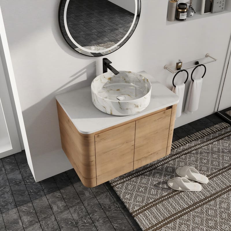 Malwee 24"/30" Floating Bathroom Vanity, Wall Mounted Bathroom Vanity with Ceramic Sink and Soft Close Door - 29.5"×18.5"×24.4" - Brown-White with golden lines
