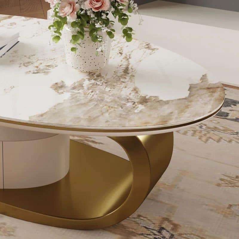 51.18” Thick Burnished Stone Coffee Table with Drawers and Gold Stainless Steel Base - 7'6" x 10'9"