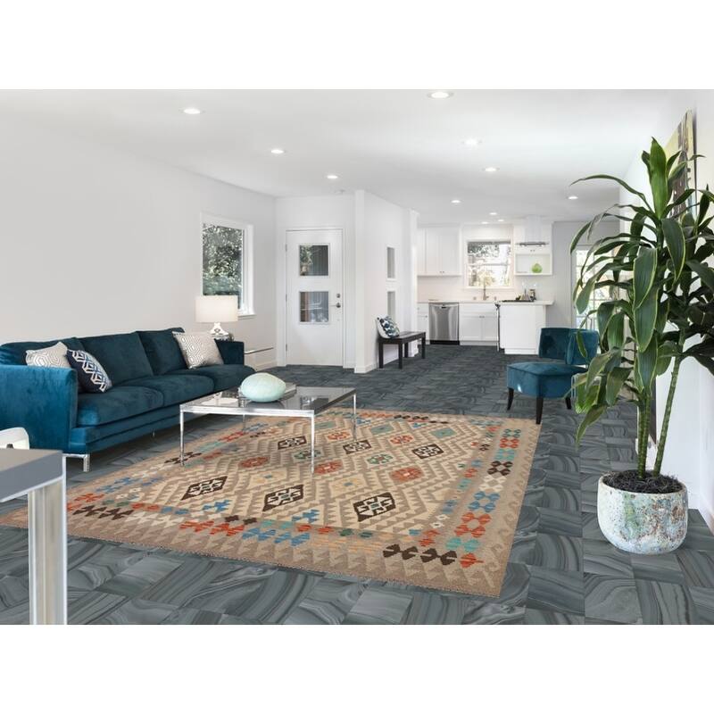 Hand Woven Oriental 100% Wool Carpet Southwestern All-Over Beige & Ivories Kilim Area Rug - 9' 7'' X 6' 9''